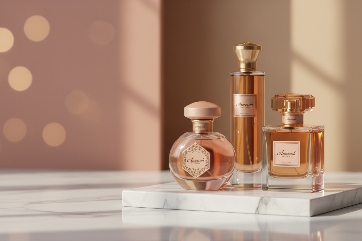 A set of 3–4 luxury perfume bottles arranged artistically on a marble surface. Soft natural lighting with golden highlights, gentle reflections, and faint bokeh in the background. Include warm tones (amber, rose, gold). Room for text overlay on the left side. Label it as "Ameerah Perfume". luxury product photography style.