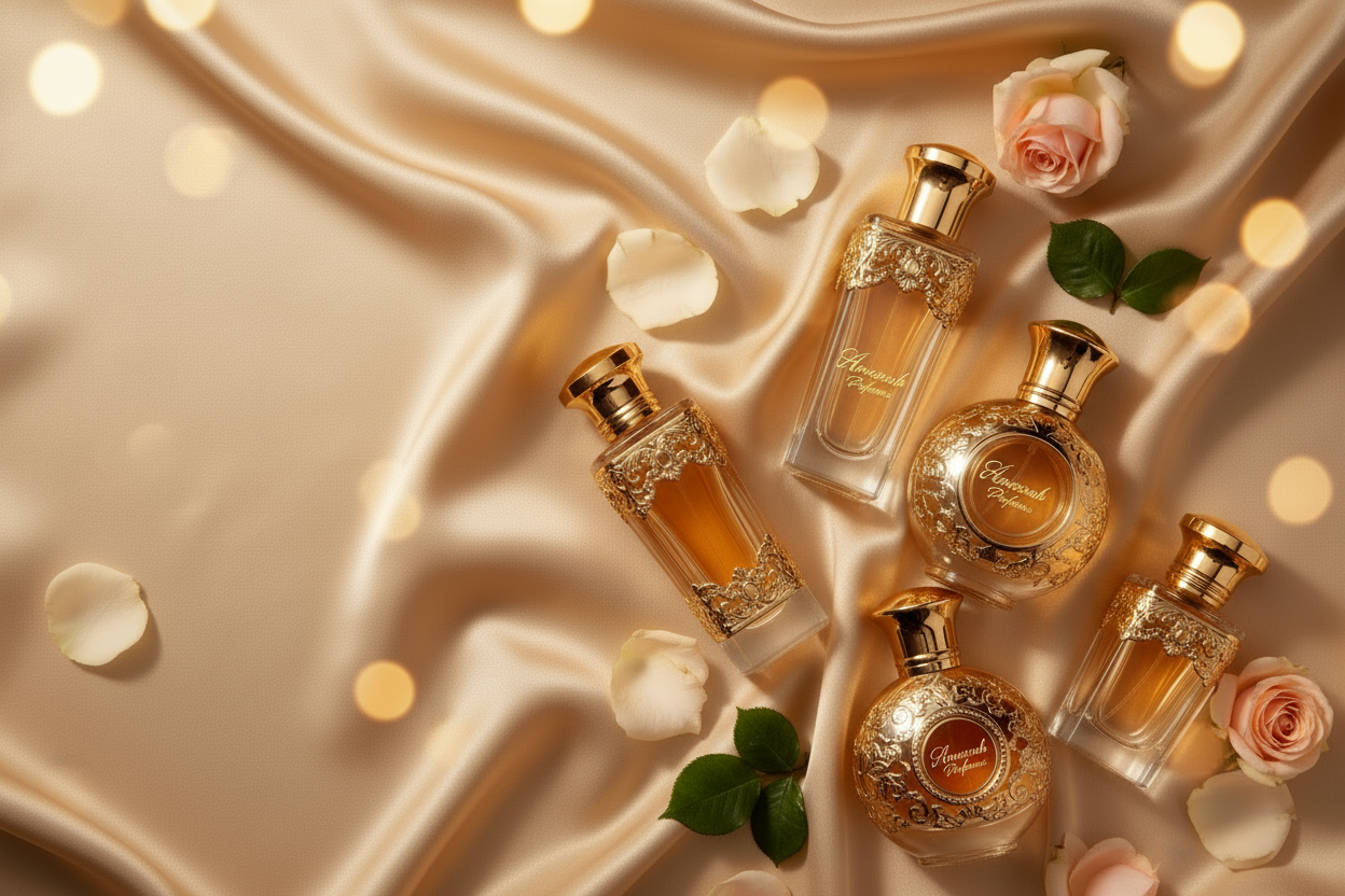 Allign on right side and label all the bottles with "Ameerah Perfumes"