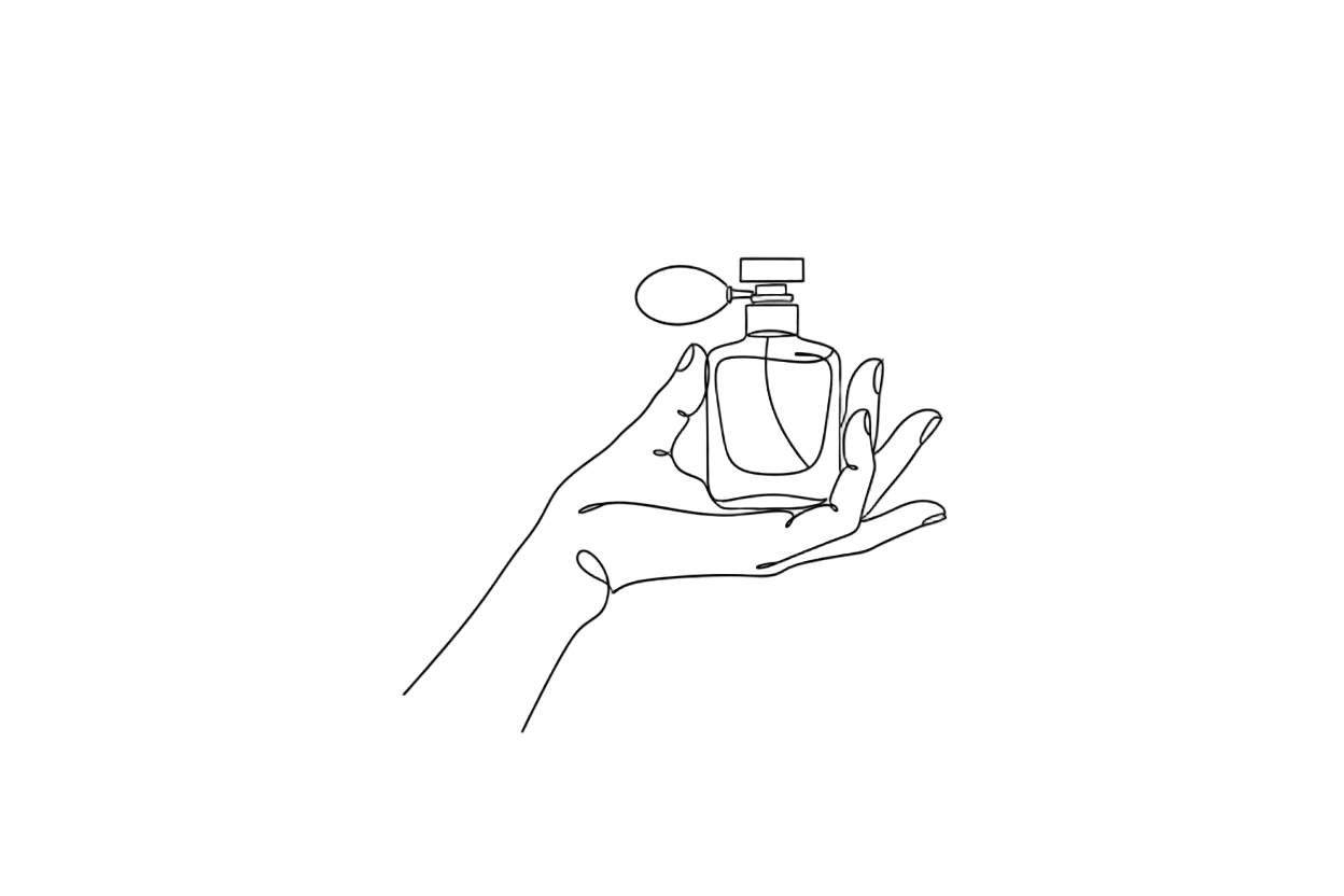 minimal line art icon of a hand carefully crafting or holding a small perfume bottle, elegant black outline on white background, luxury handmade perfume concept