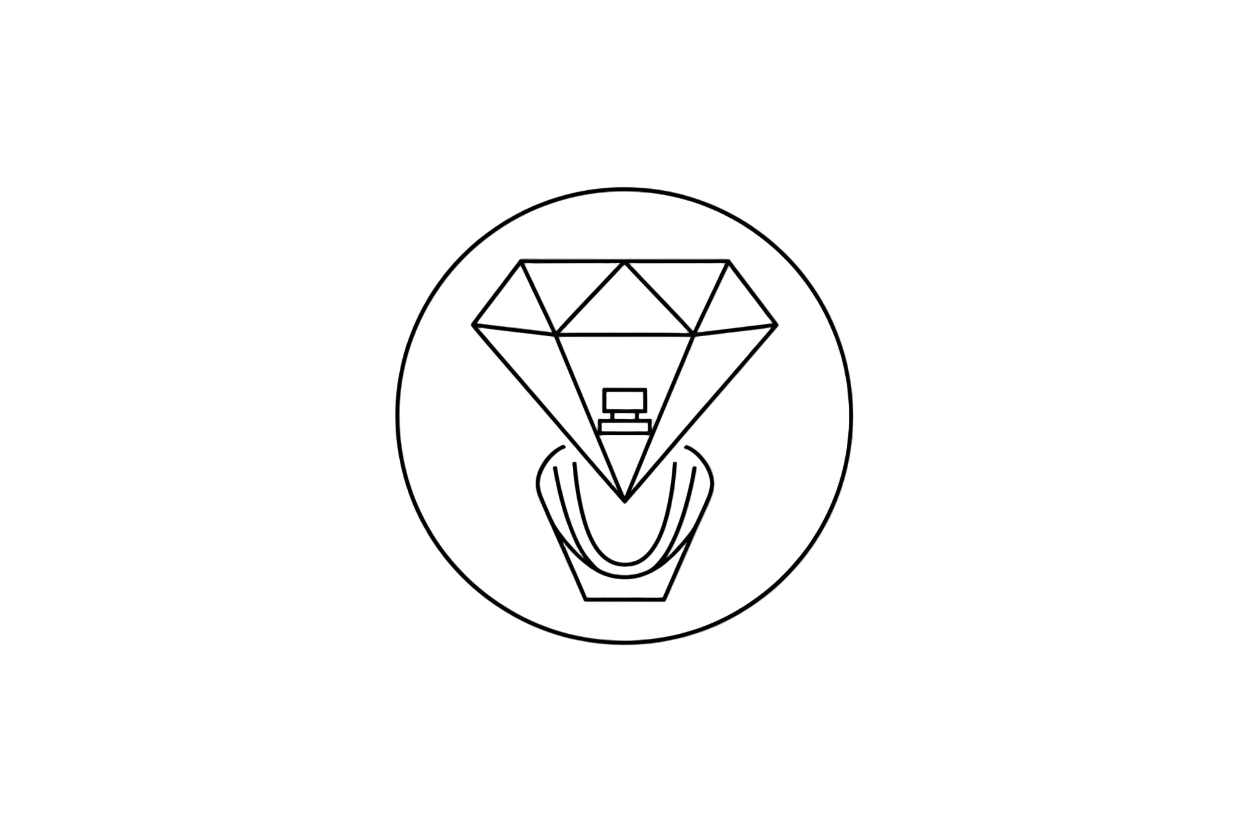 simple geometric diamond icon in minimal black line art, symbolizing luxury and premium quality perfume, clean white background